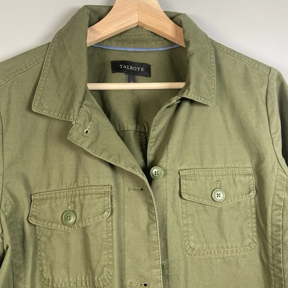 Talbots Jacket‎ Pom Pom Army Green Flap Pockets Gorpcore Lightweight Women's L - Picture 5 of 13